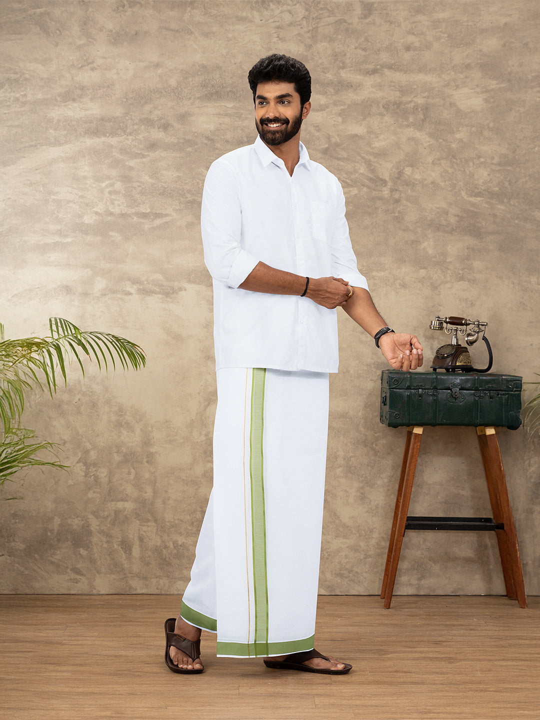 Men Cotton Blend Readymade Double Layer White Dhoti with Fancy Jari Border GFDA16