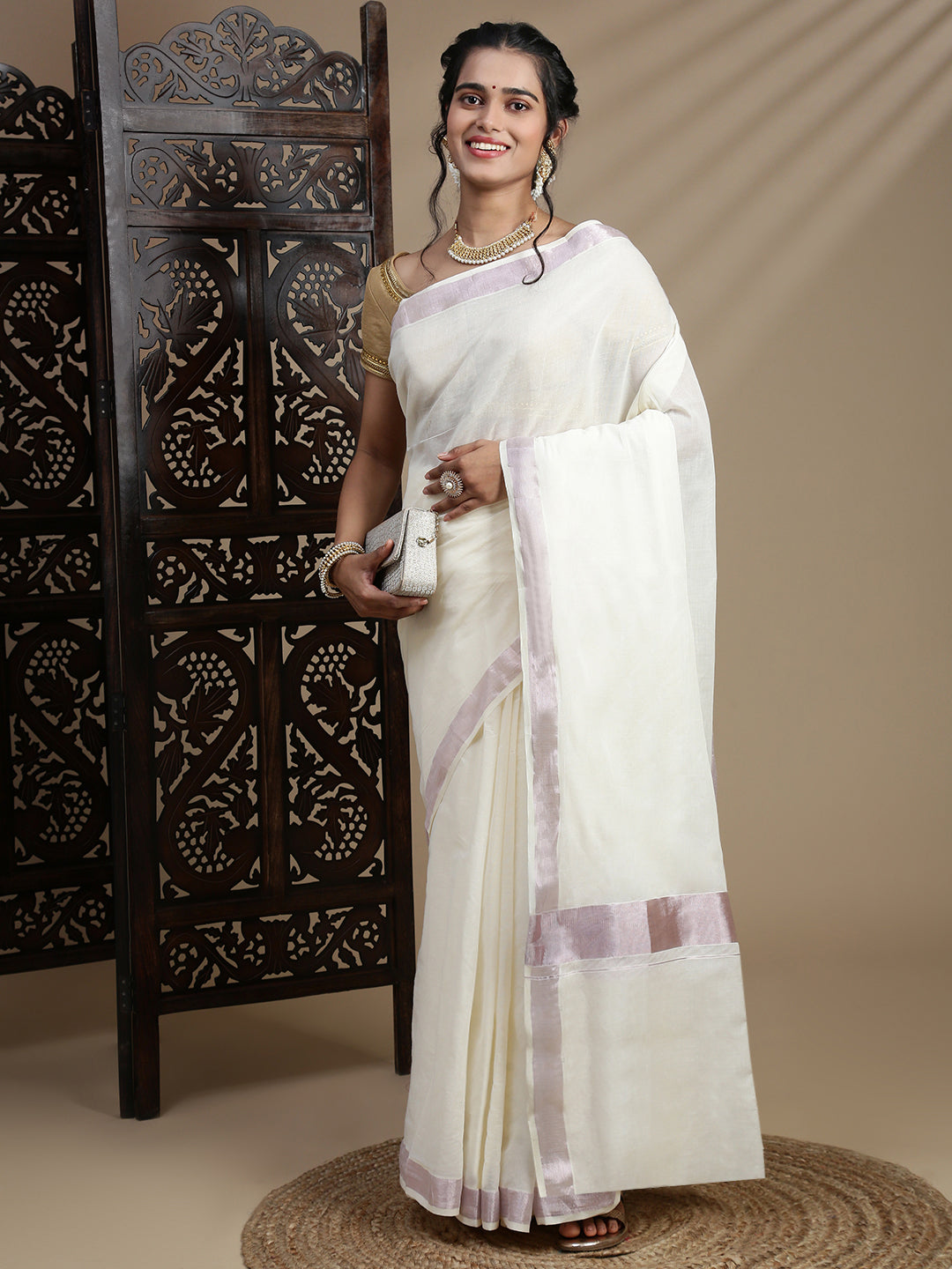 Women Traditional Kerala Cream Plain Saree with RoseGold Border KS223
