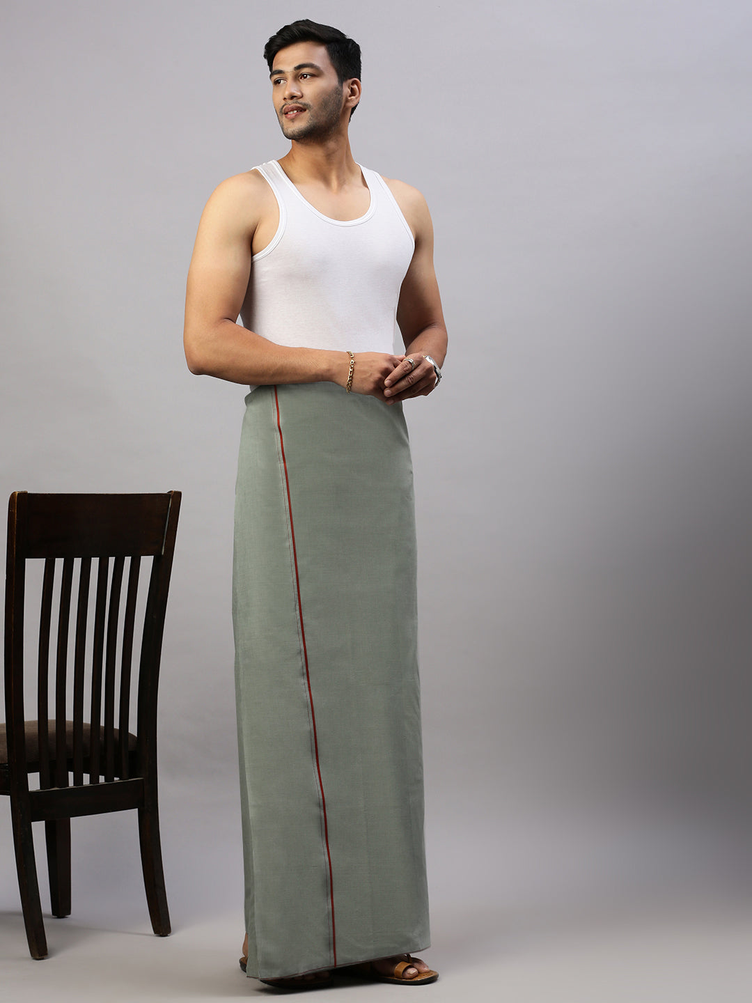 Men Cotton Blend Single Layer Cement Dhoti with Assorted Border Bhakta