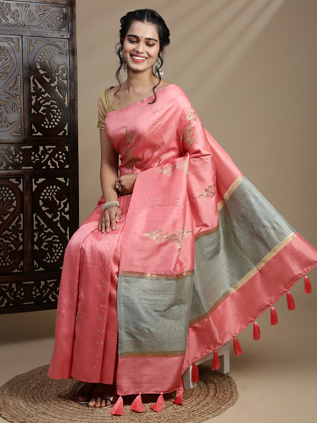 Women Pink Semi Tussar Embroidered Saree ST314