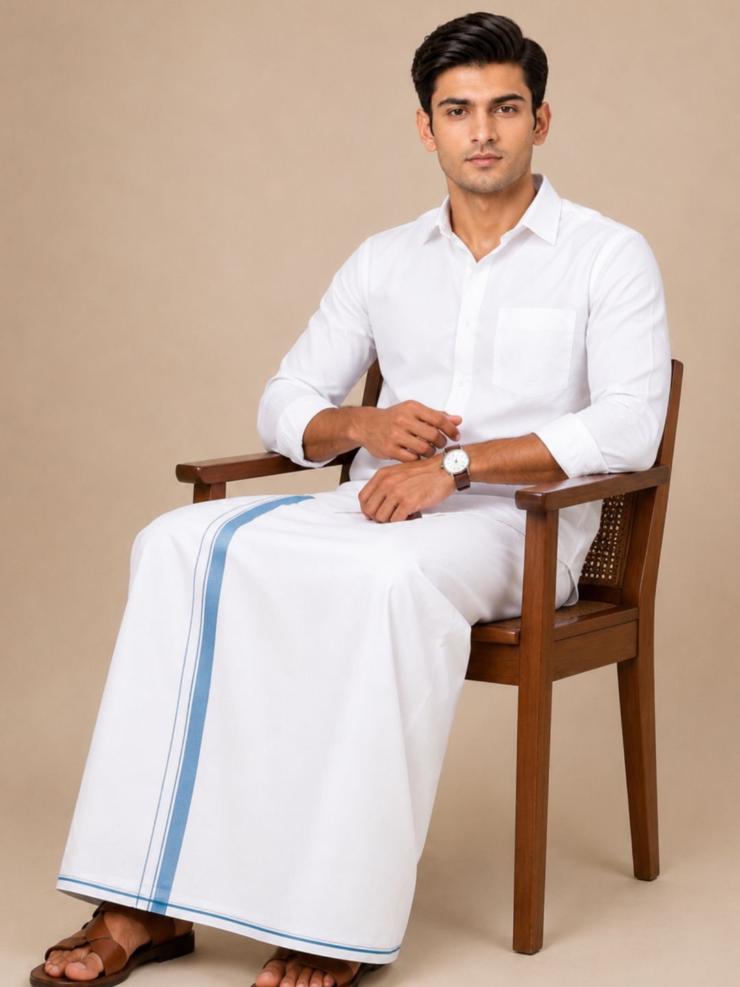Men 100% Cotton Double Layer White Dhoti with Small Border Wisdom W01