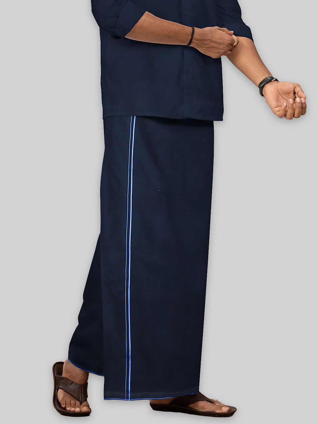 Men Cotton Blend Single Layer Black Dhoti & Towel Set with Blue Small Border Sudhan