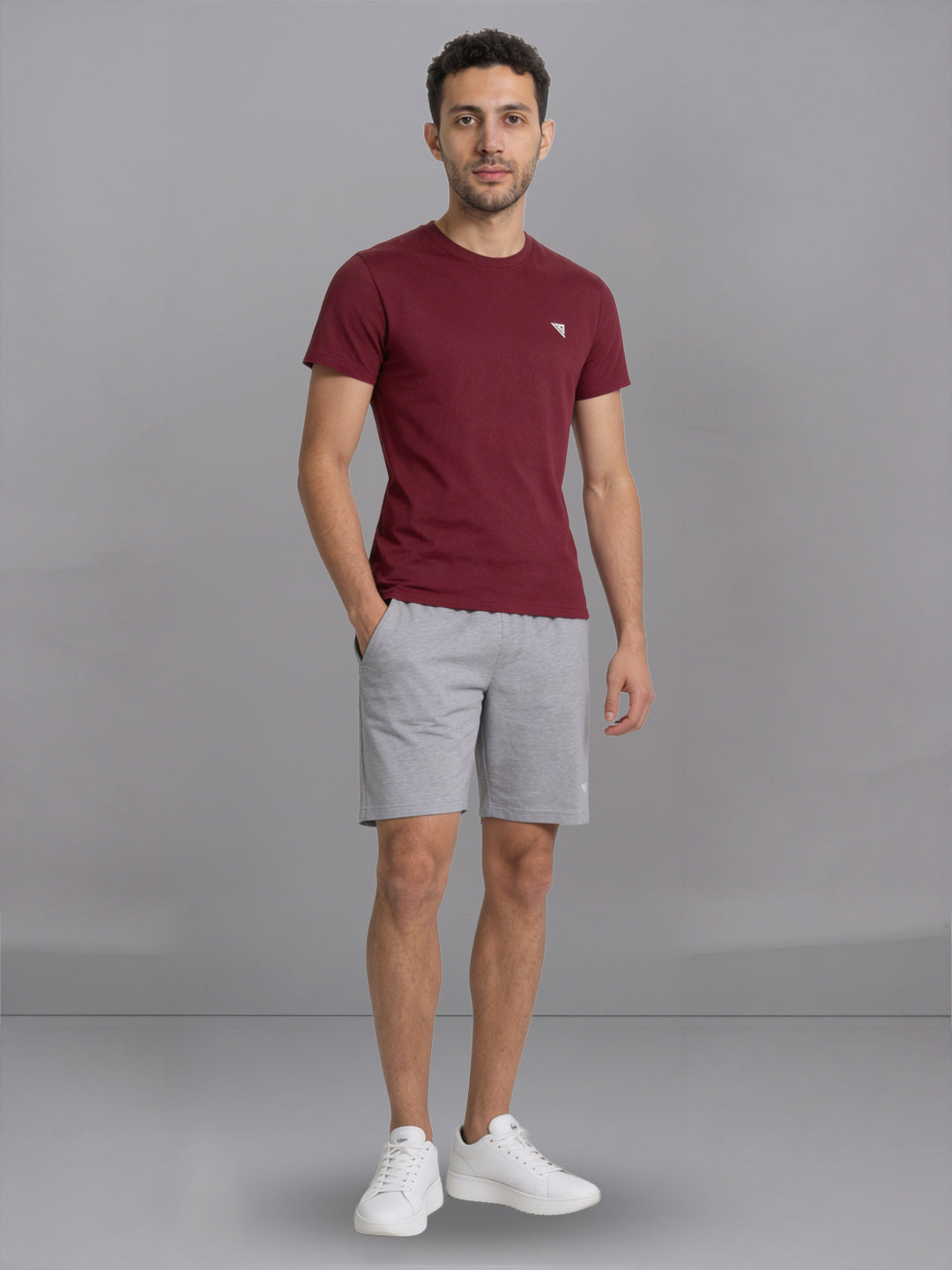 Men Burgandy Crew neck T-Shirt with Grey Melange Shorts Combo ES3