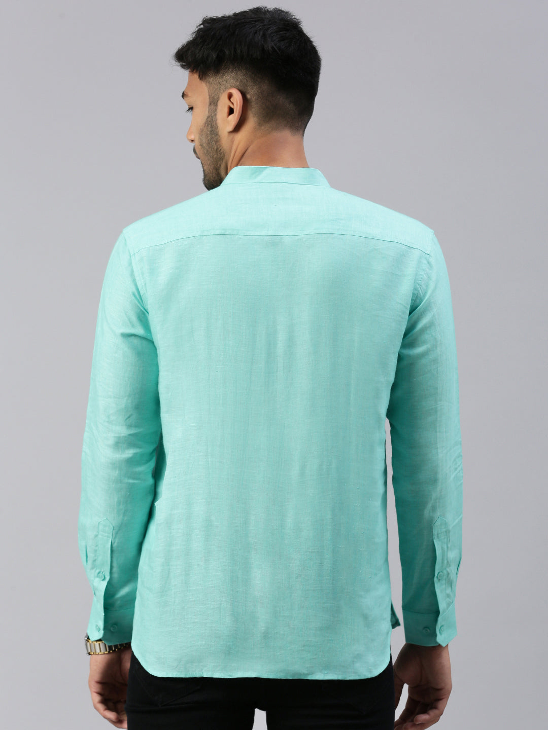 Men Linen Short Length Plain Pocket Kurta Blue M16