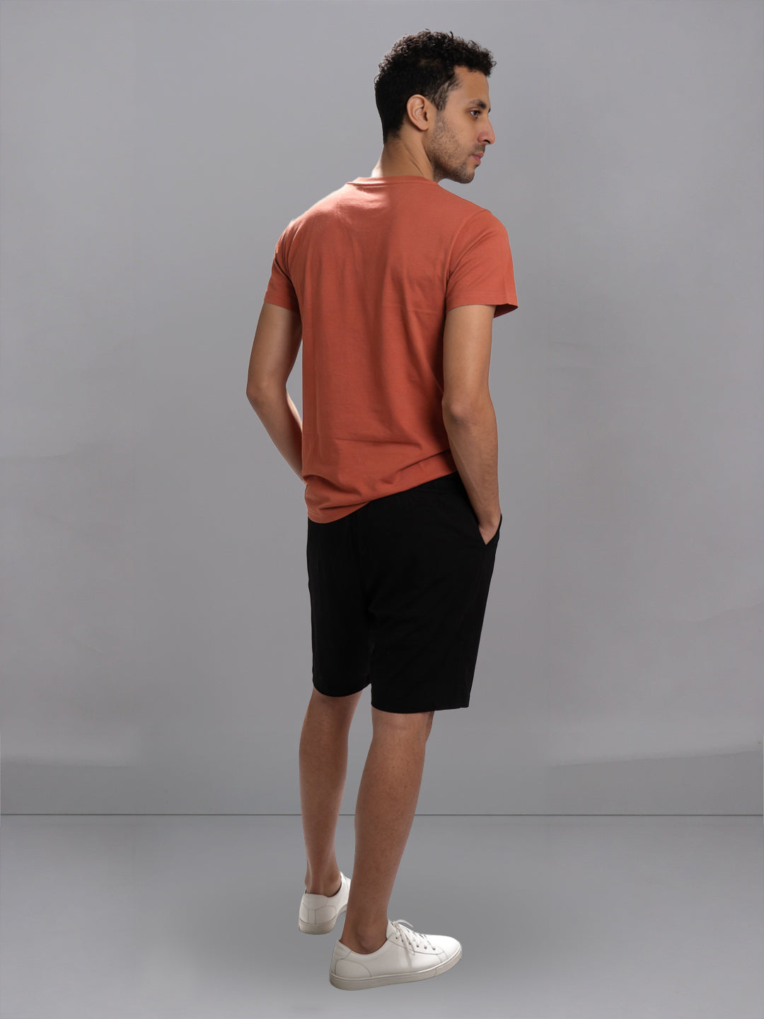 Men Orange Crew neck T-Shirt with Black Shorts Combo ES1