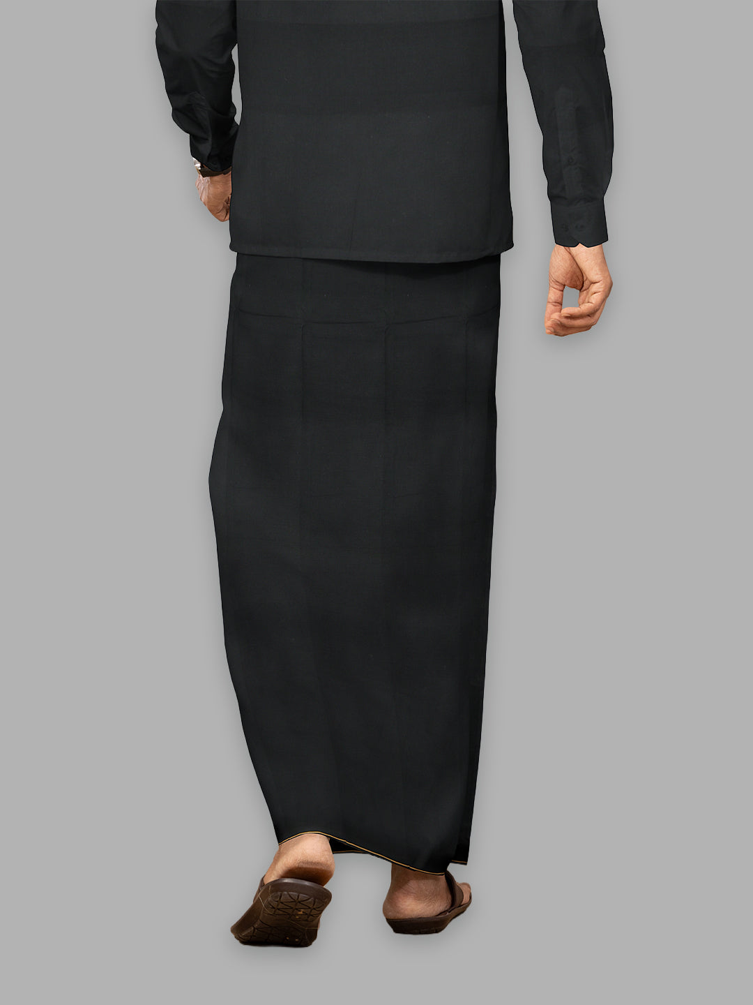 Men Cotton Blend Single Layer Black Dhoti & Towel Set with Yellow Small Border Sudhan