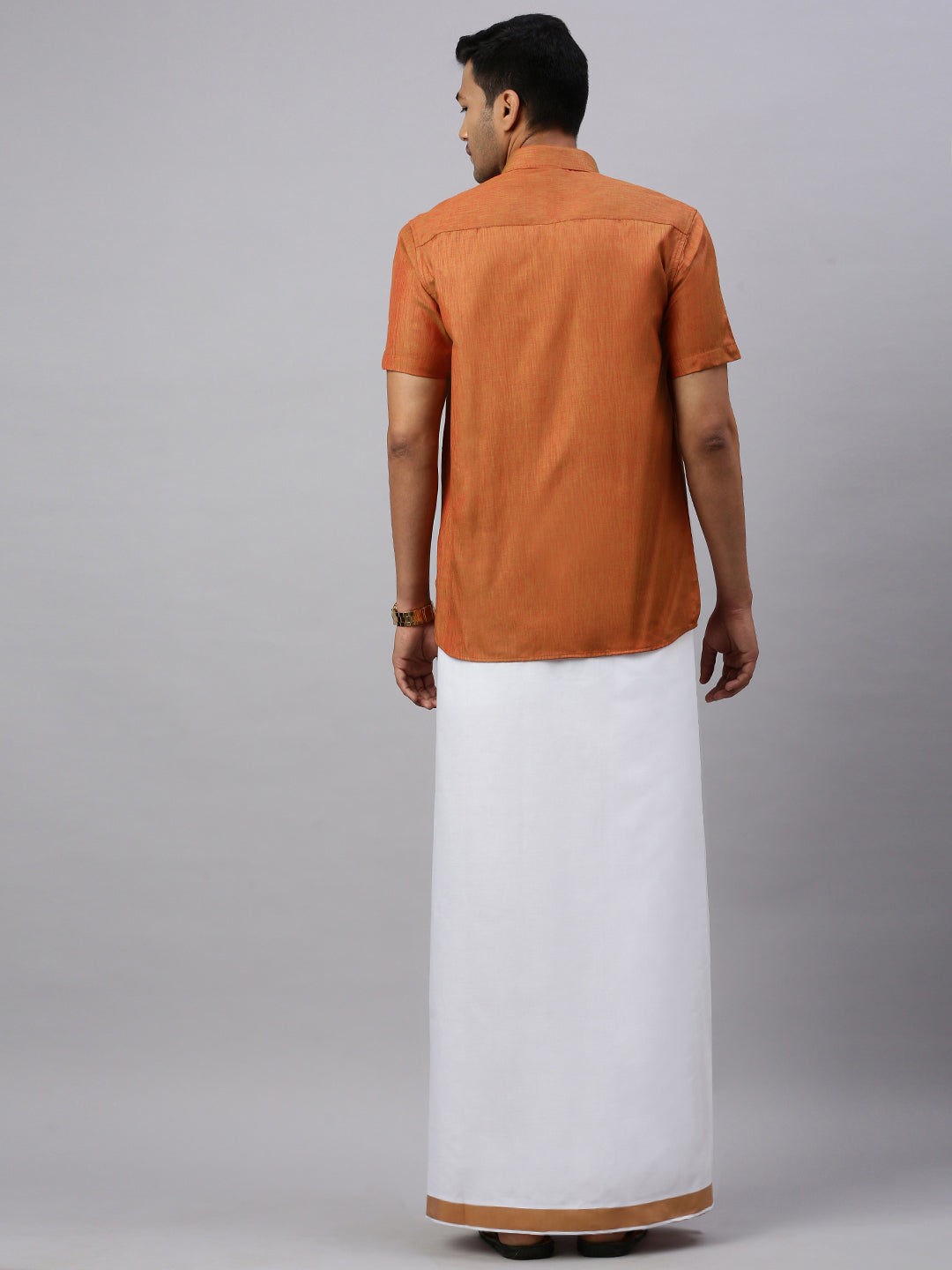Men Brown Matching Border Dhoti & Half Sleeves Shirt Set CV3