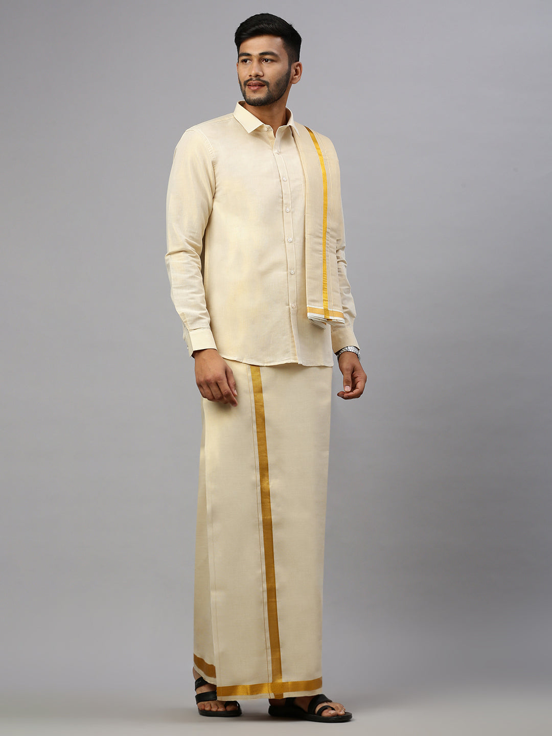 Men Tissue Gold Full Sleeve Shirt Jari Dhoti & Towel Set