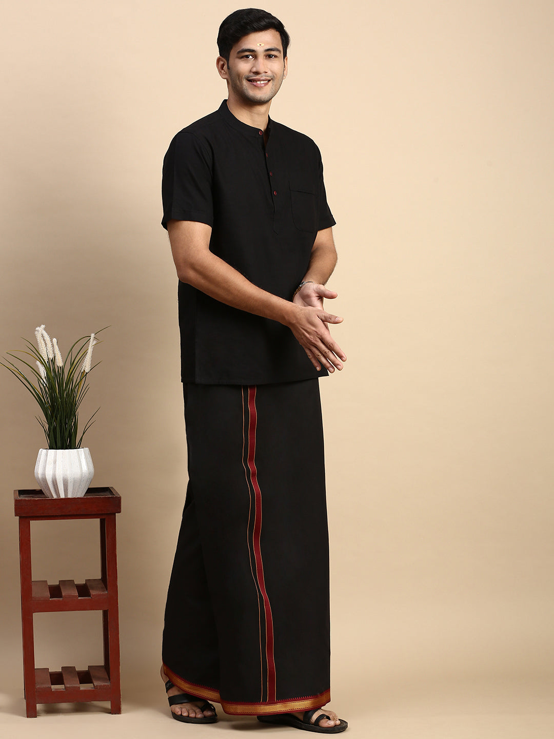 Men Cotton Short Length Plain Pocket Kurta Black PB17