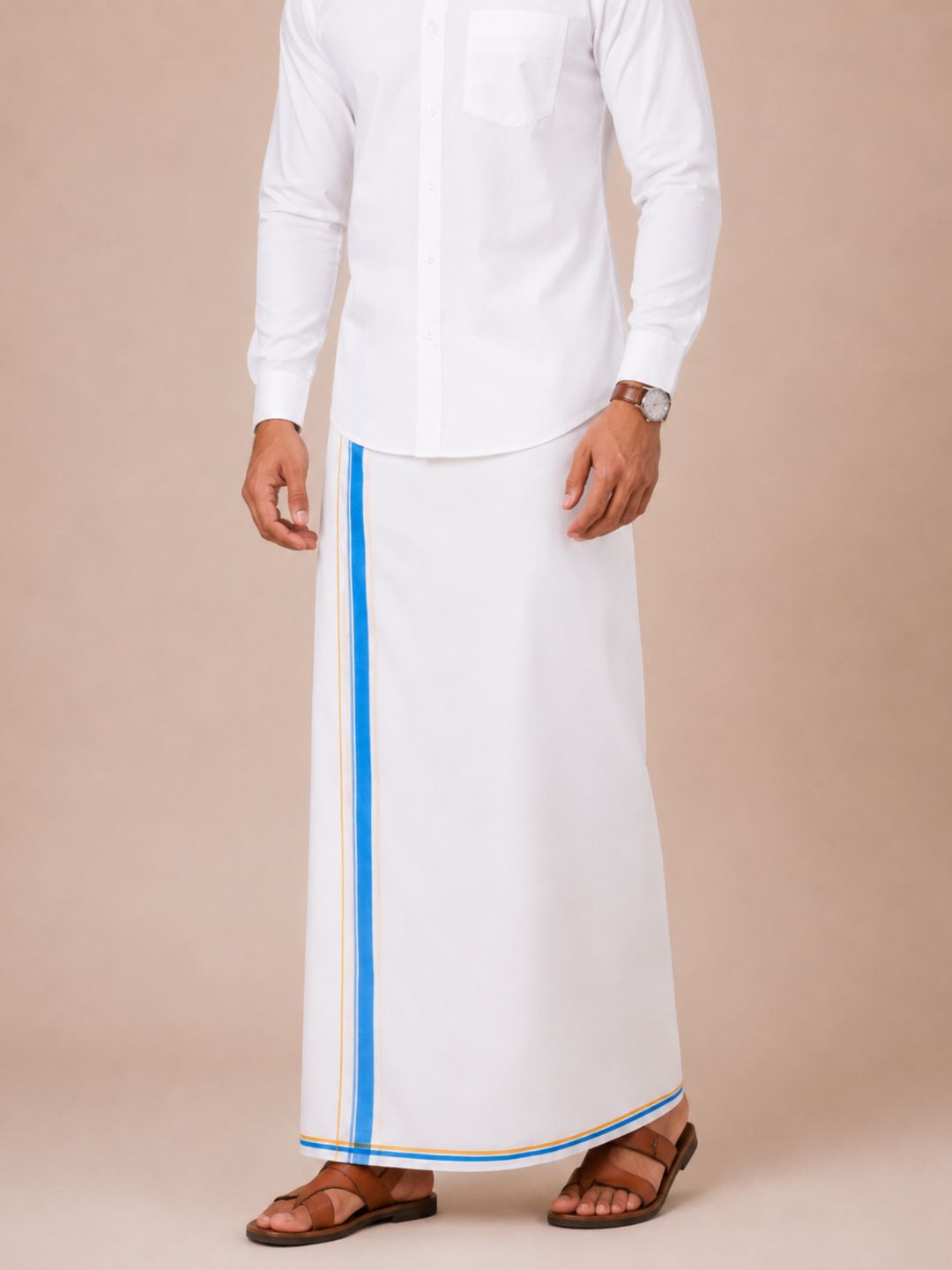 Men 100% Cotton Double Layer White Dhoti with Big Border Property PT04