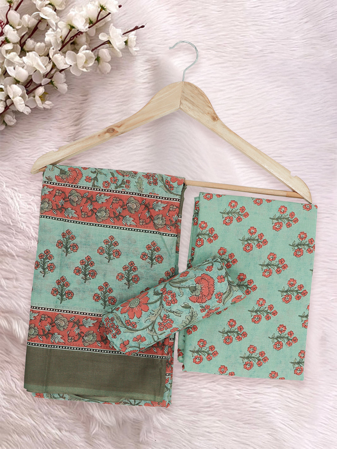 Women Pure Cotton Printed Dress Material Green with Orange DM338