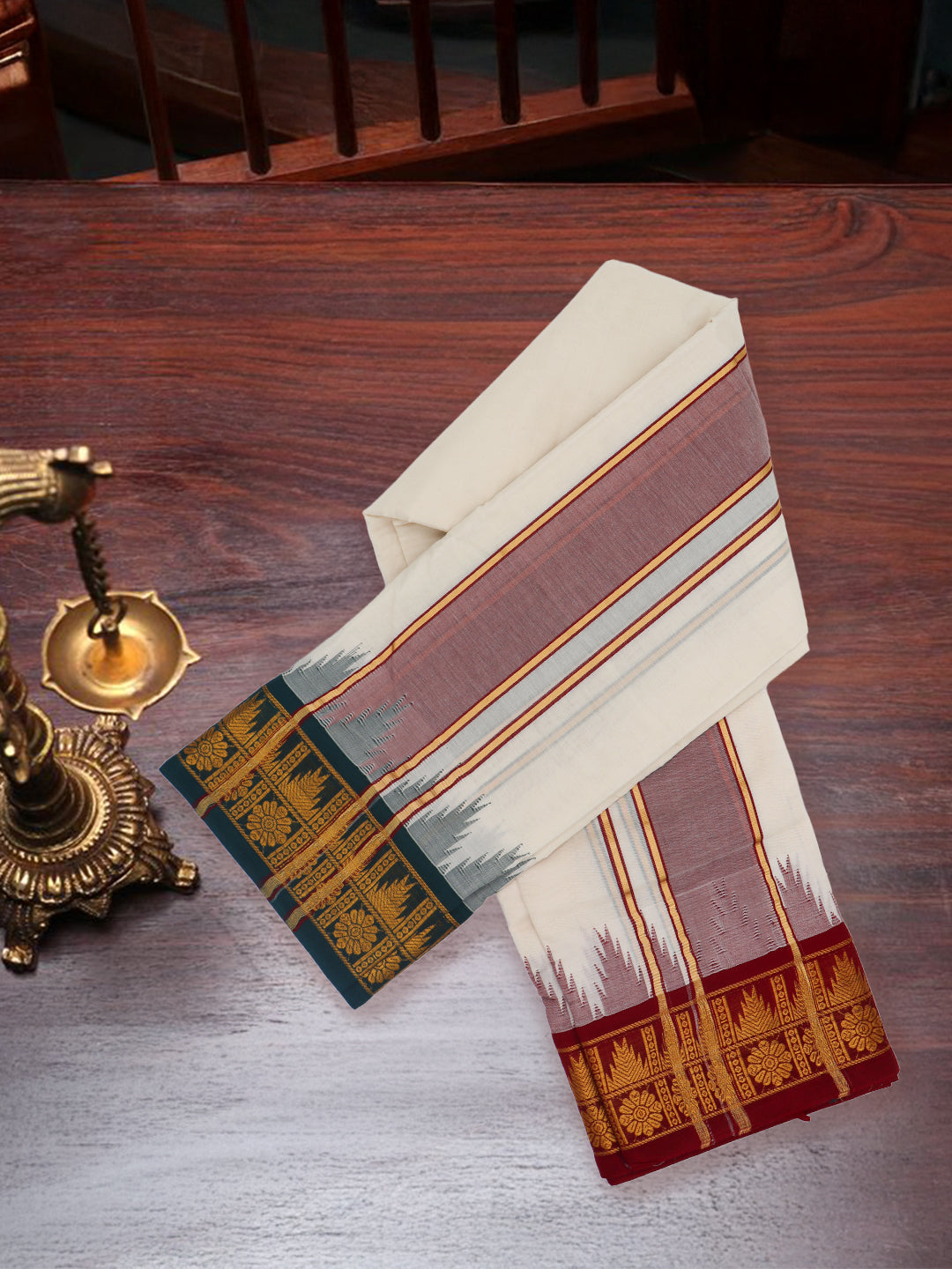 Men Kora Cotton Fancy Jari Border Panchakacham with Angavasthram (9+5) Seshachalam