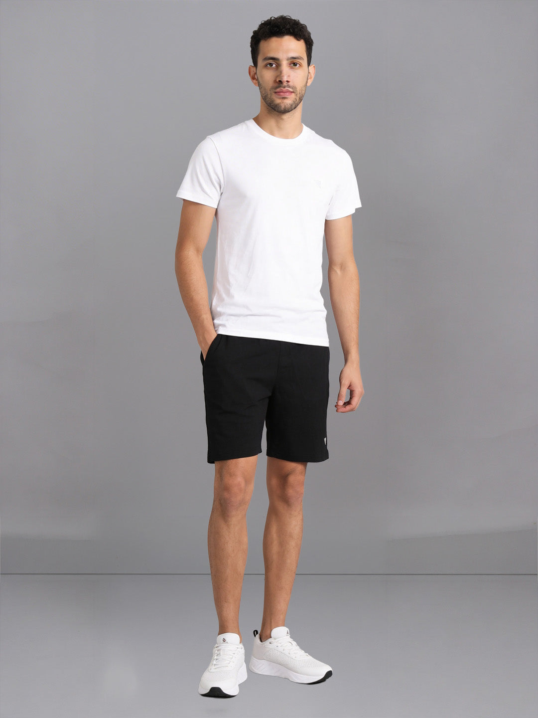 Men White Crew neck T-Shirt with Black Shorts Combo ES1