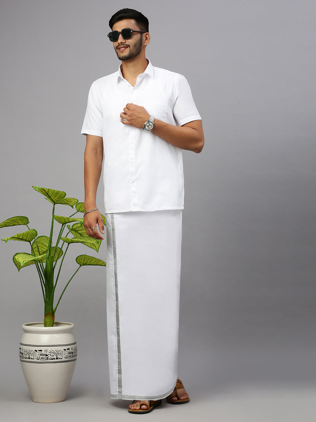 Men Cotton Blend Double Layer White Dhoti with Silver Jari Border Statesman