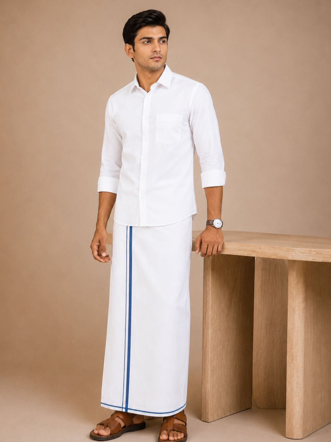 Men 100% Cotton Single Layer Small Border Dhoti Naval NV03