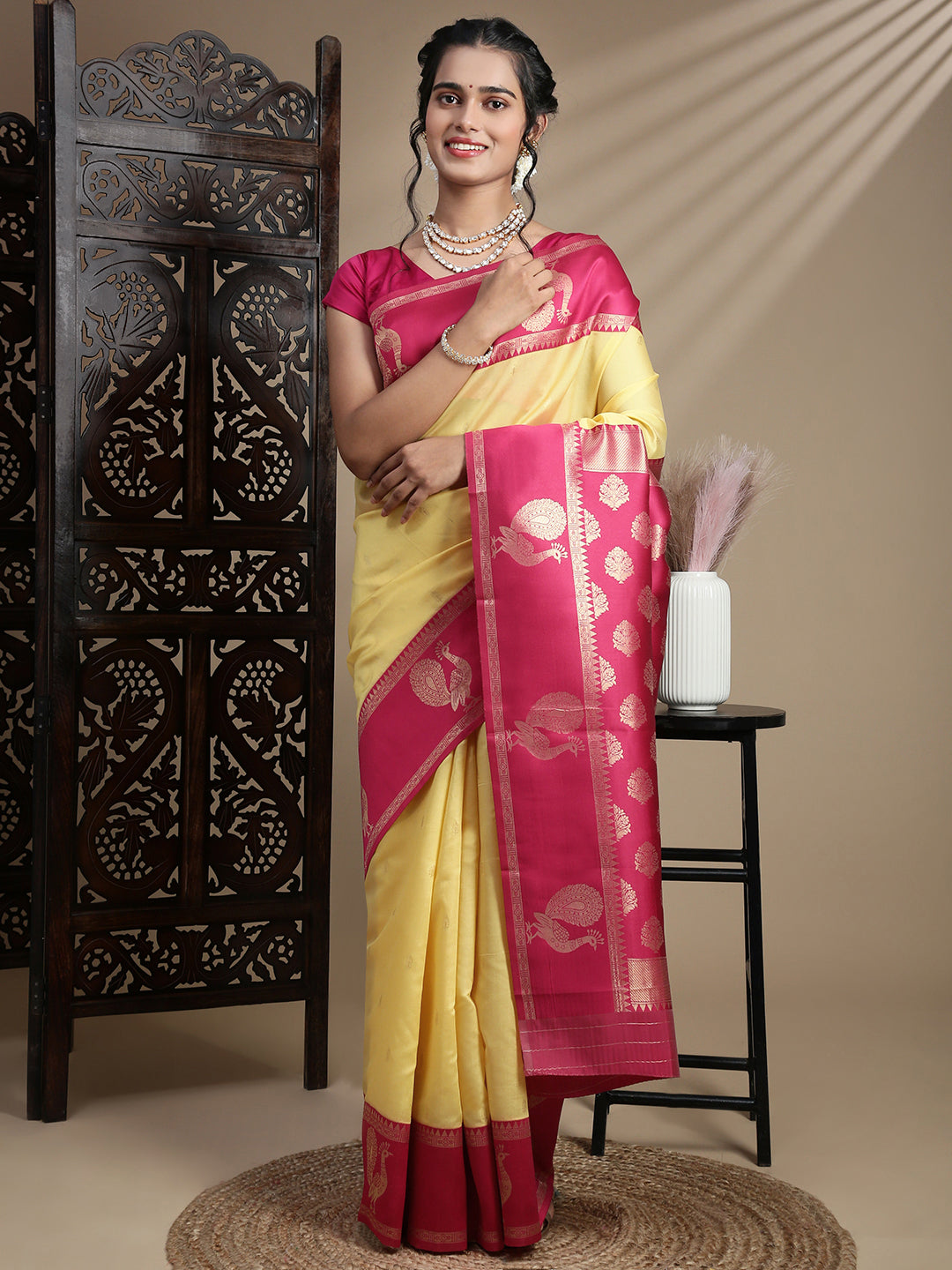 Women Yellow with Pink Border Soft Silk Saree SS392