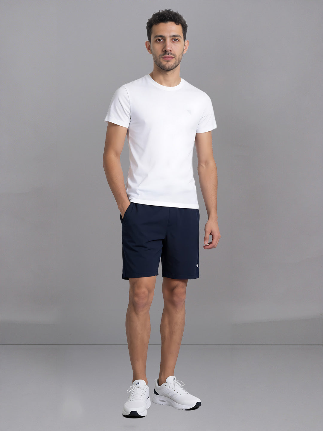 Men White Crew neck T-Shirt with Navy Shorts Combo ES2