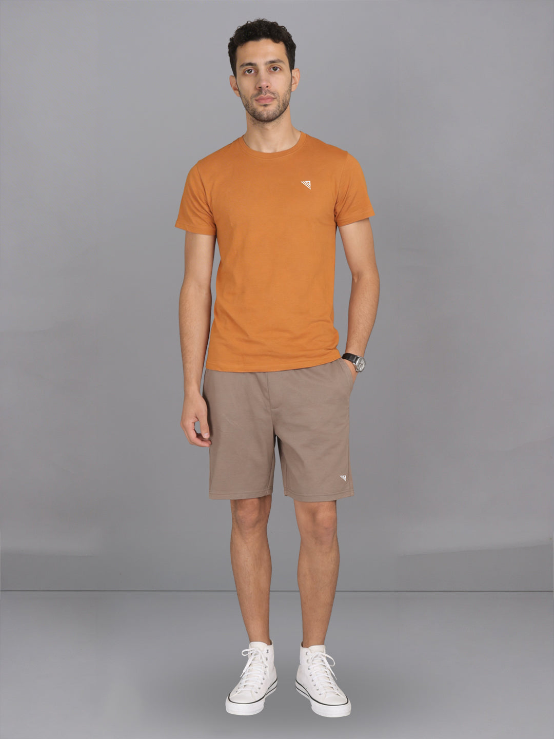 Men Mustard Crew neck T-Shirt with Taupe Shorts Combo ES9