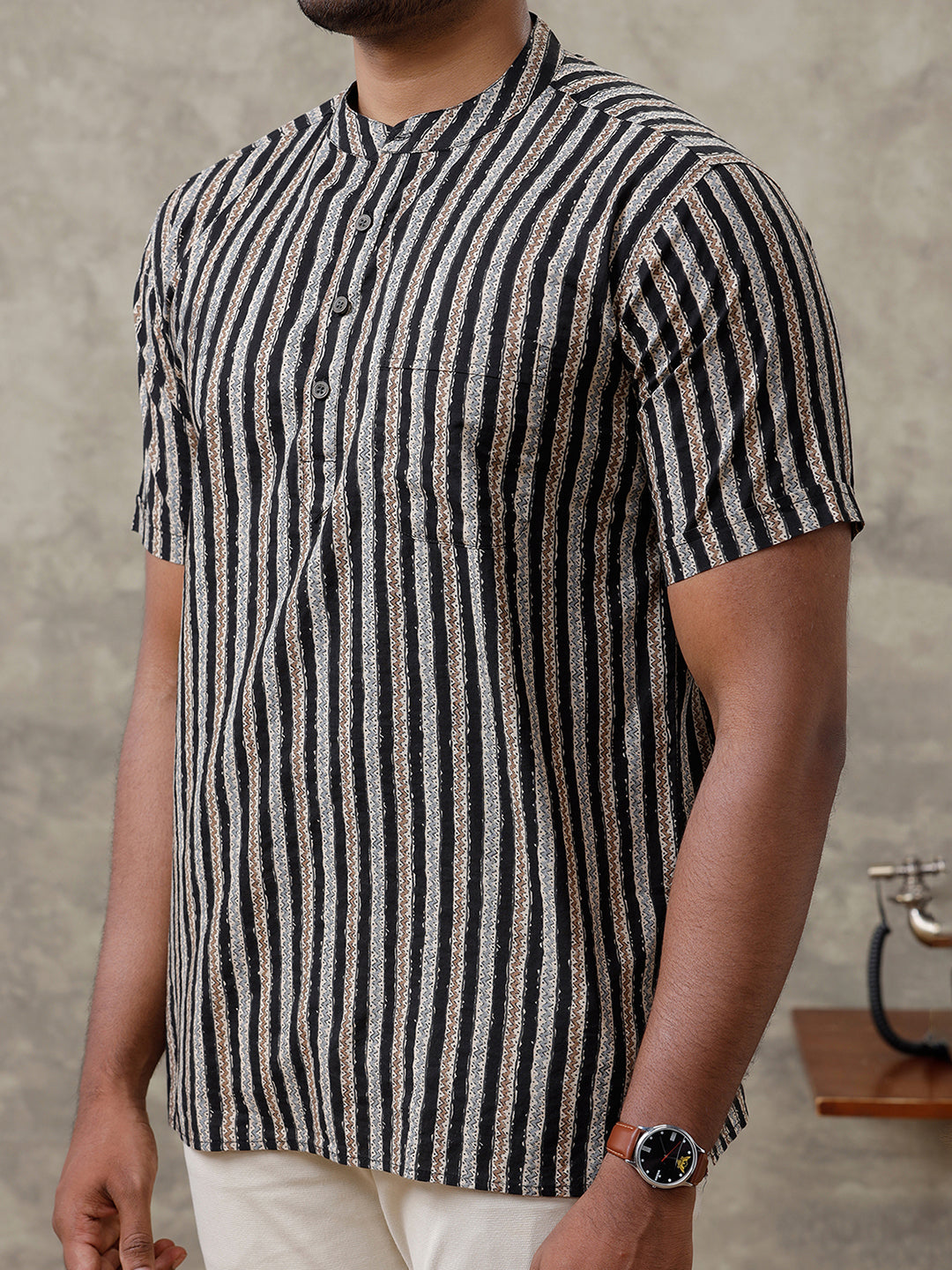 Men Cotton Short Length Striped Pocket Kurta Black OE13