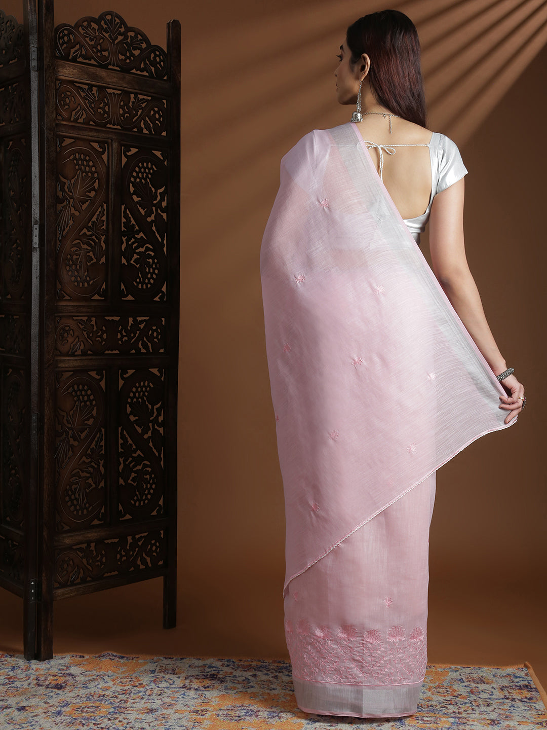 Women Pink Semi Linen Embroidered Saree SL241