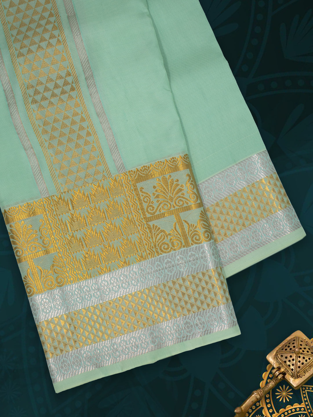 Men Pure Silk Green Dhoti & Towel Set with 4" inch Fancy Jari Border TKC11
