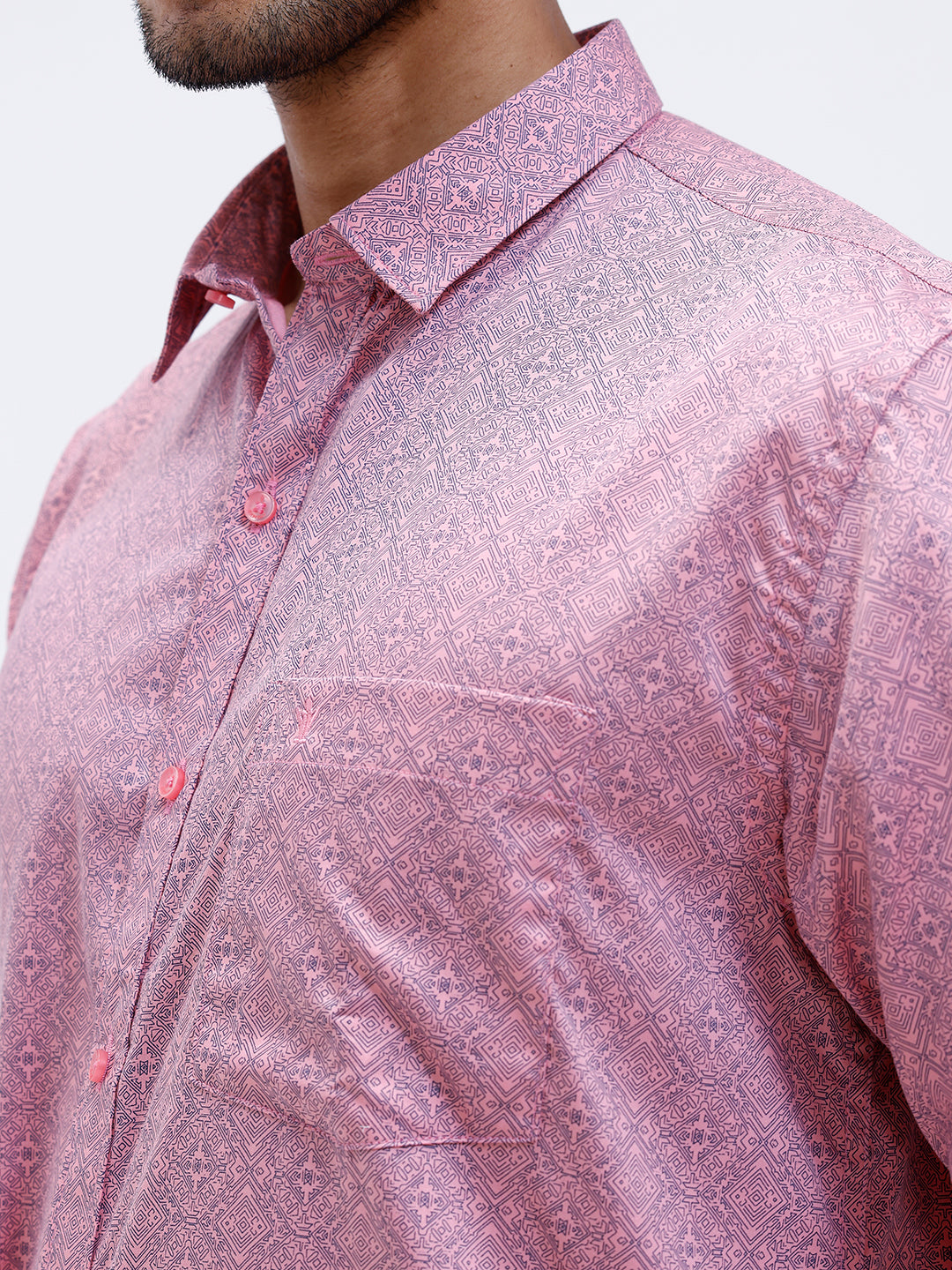 Men Soft Pink Matching Border Dhoti With Printed Shirt Set Fusion PS16