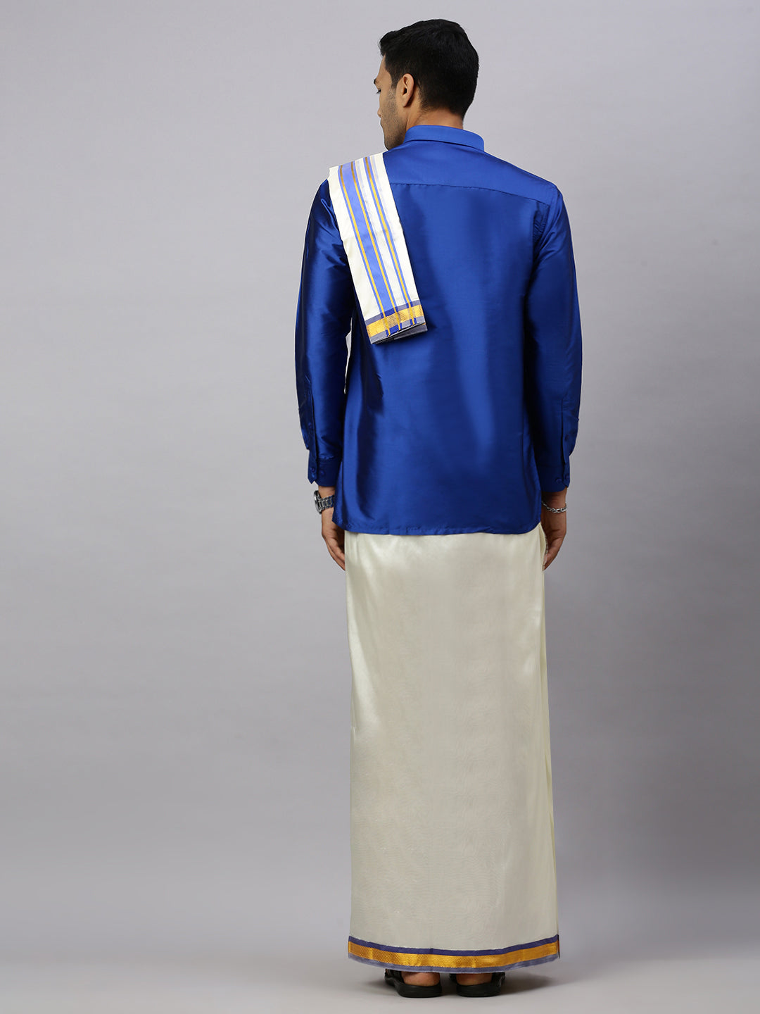 Men Full Sleeves Poster Blue Shirt with Matching Border Cream Dhoti & Towel Set K5