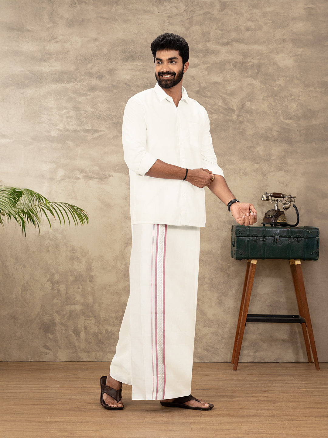 Men Kora Cotton Double Layer Dhoti with Red Fancy Jari Border MSF02