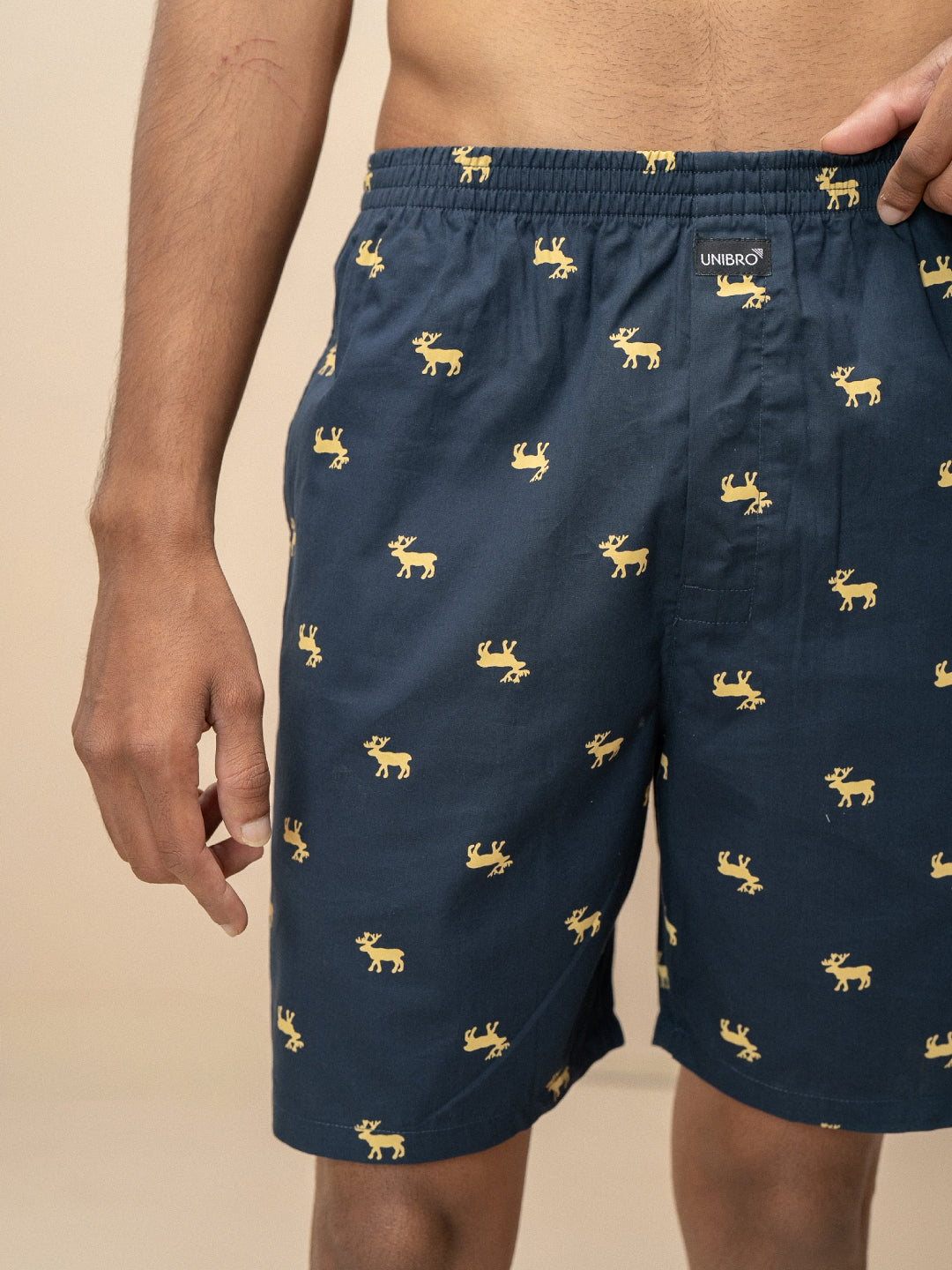 Men 100% Combed Cotton Navy Blue Woven Printed Boxer Long Shorts WB52