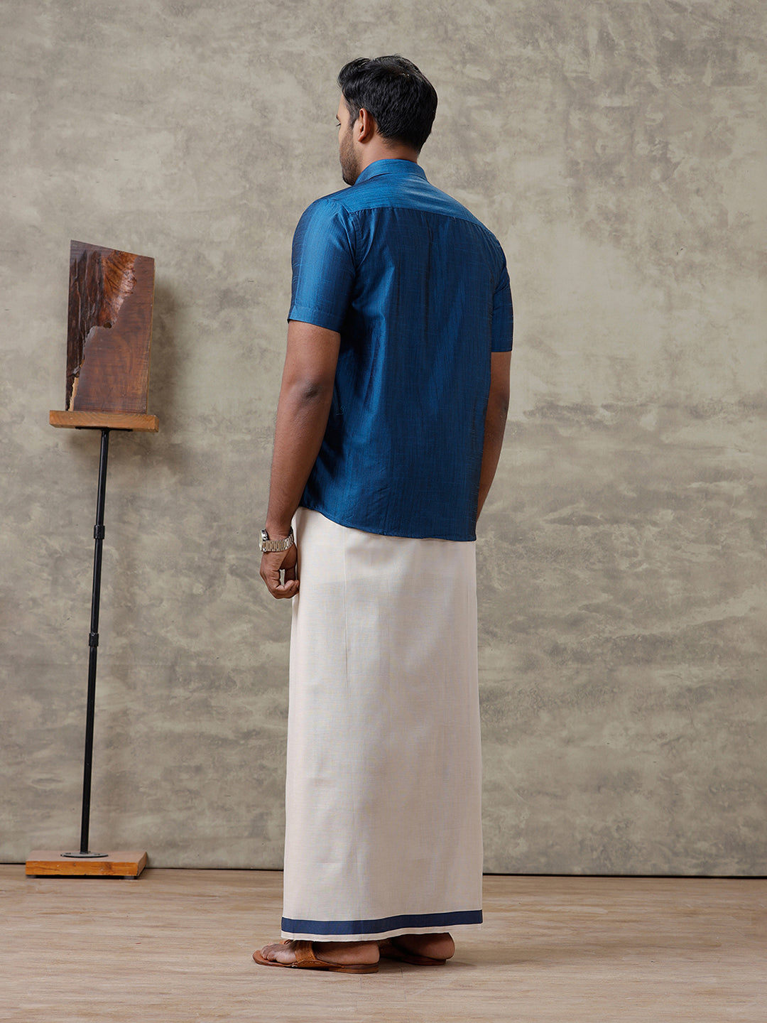 Men Cotton Blend Dark Blue Shirt and Tissue Dhoti Set VB9