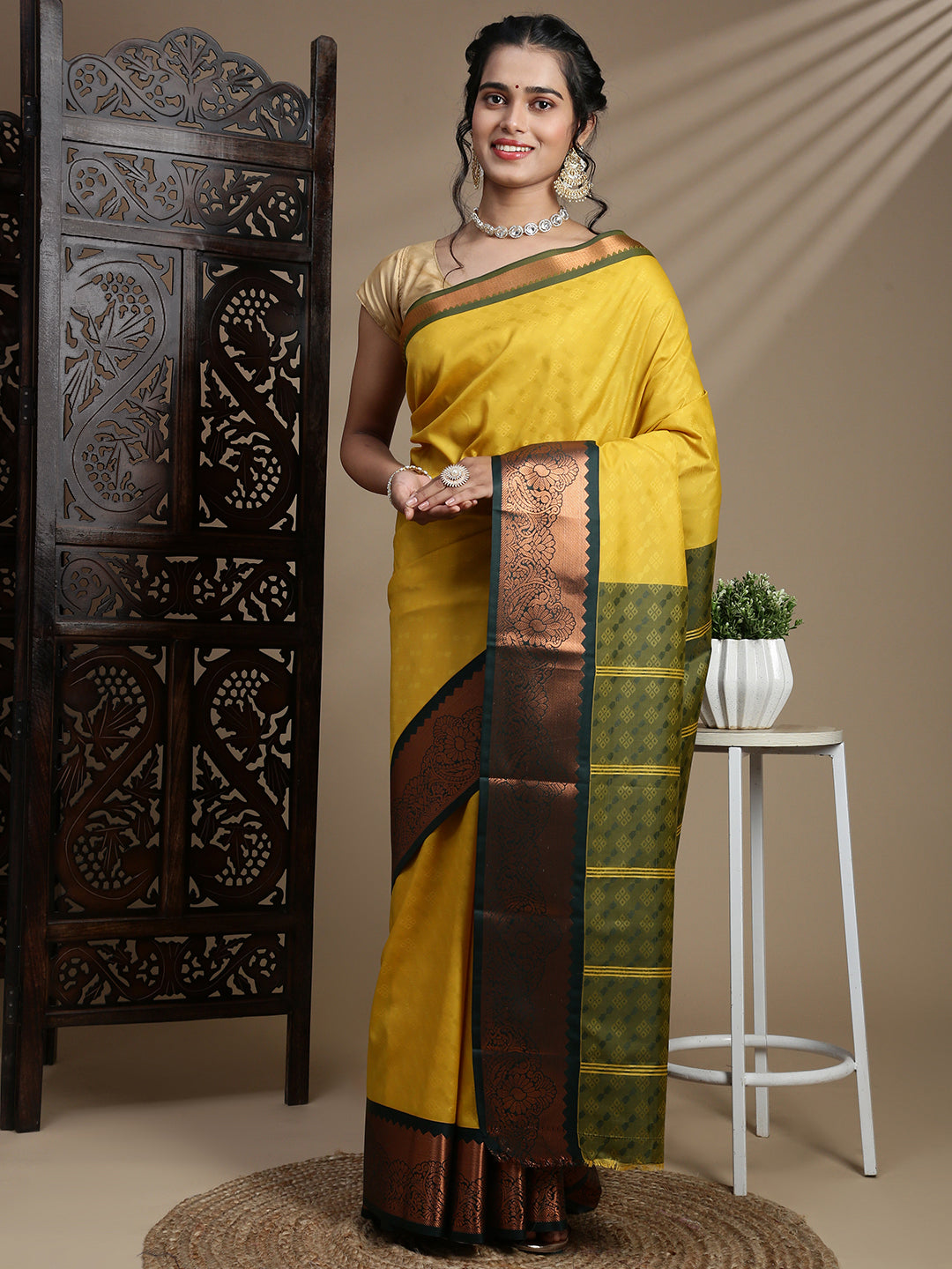 Women Yellow with Green Art Silk Saree ASS115