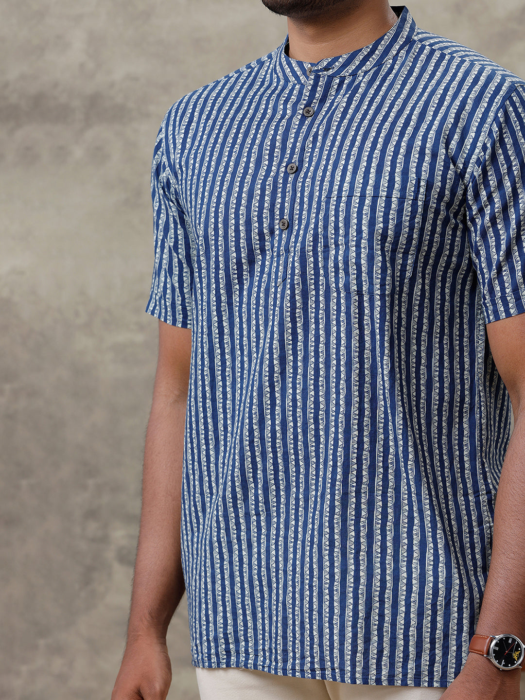 Men Cotton Short Length Striped Pocket Kurta Blue OE6