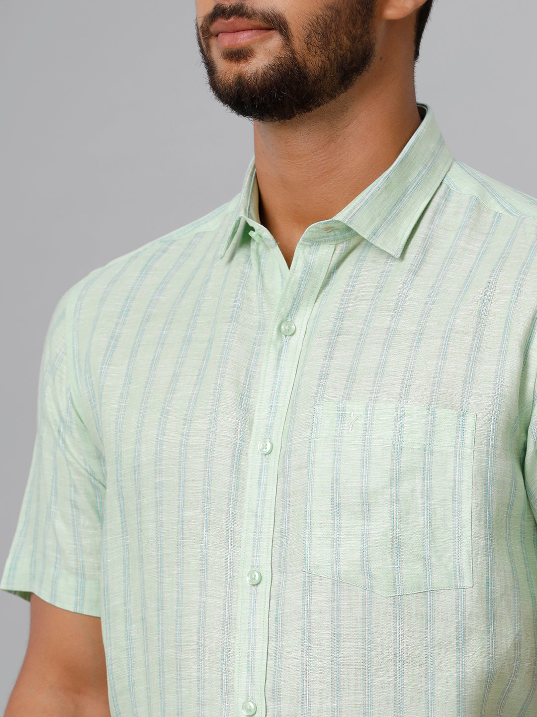 Mens Pure Linen Striped Half Sleeves Pista Green Shirt LS10-Zoom view
