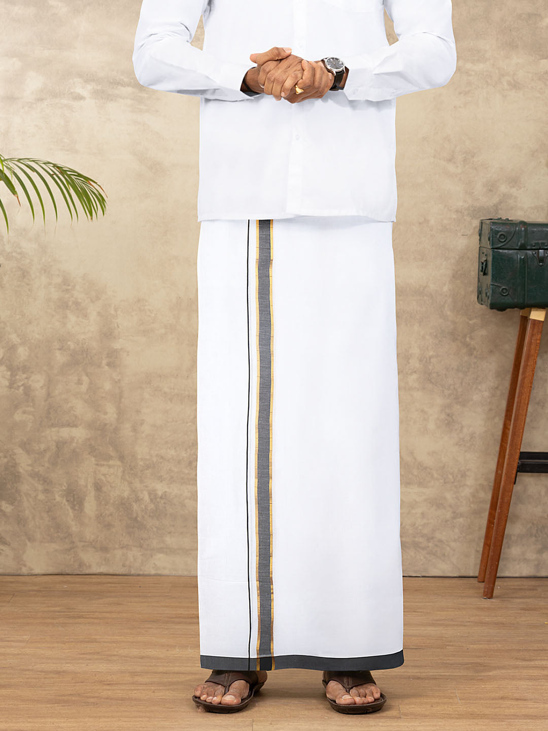 Men Cotton Blend Readymade Double Layer White Dhoti with Fancy Jari Border GFDA03