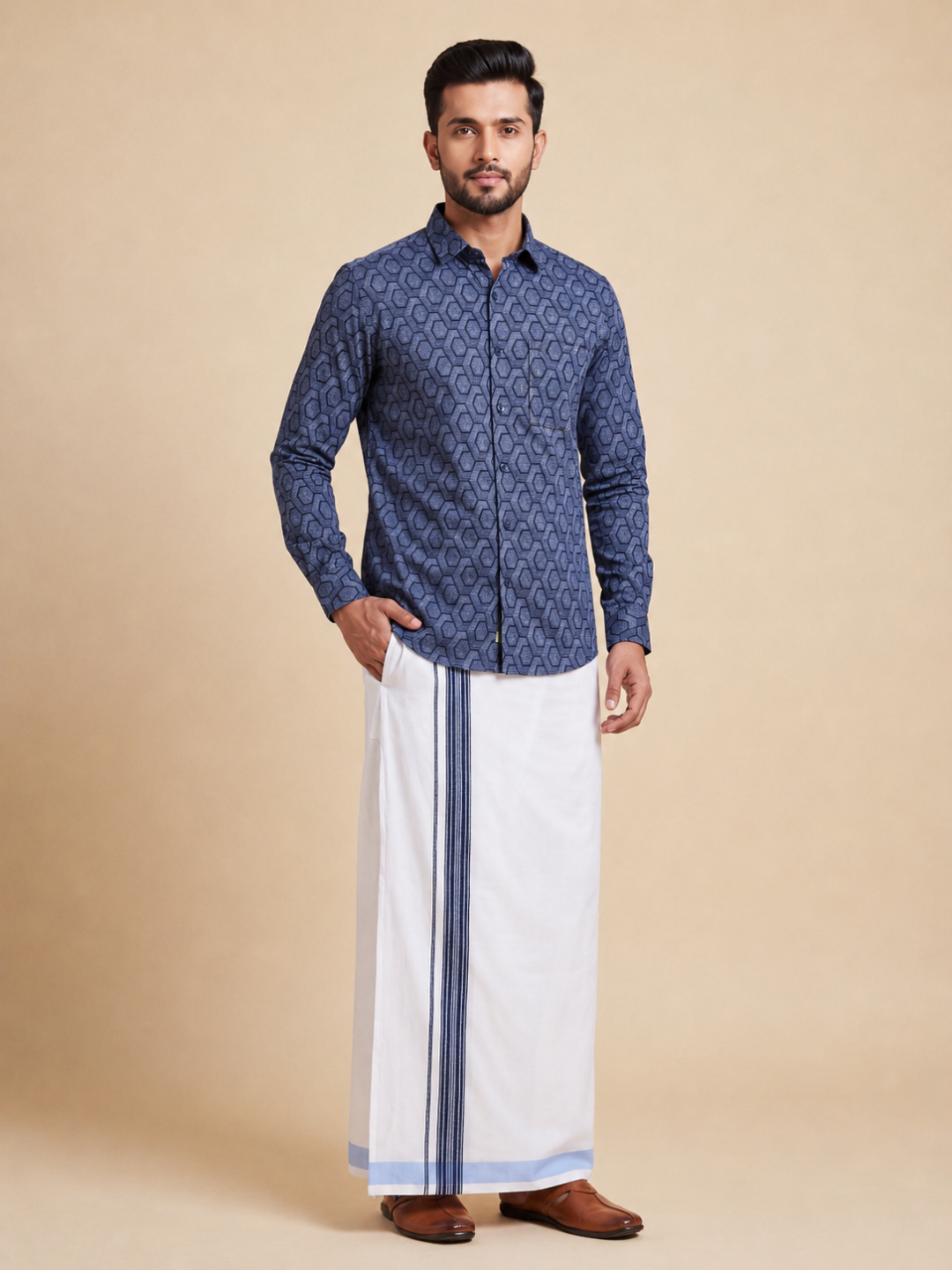 Men Navy Blue Matching Border Dhoti With Printed Shirt Set Fusion PS25