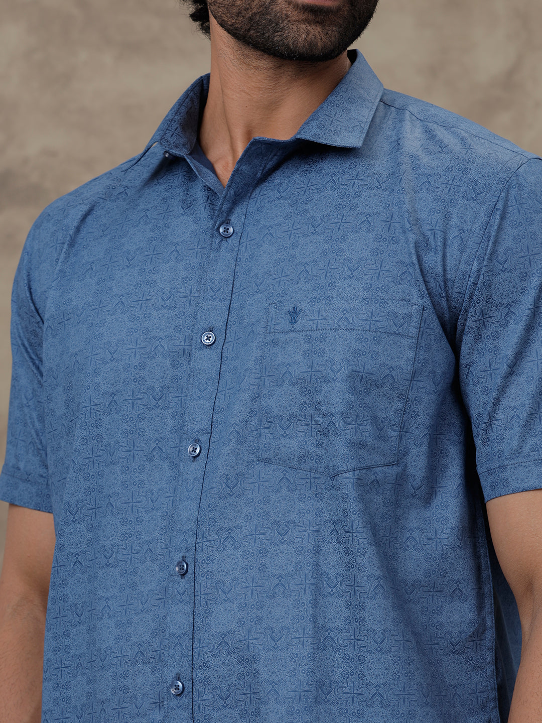 Men Oxford Blue Matching Border Dhoti with Printed Shirt Set Fusion PS7