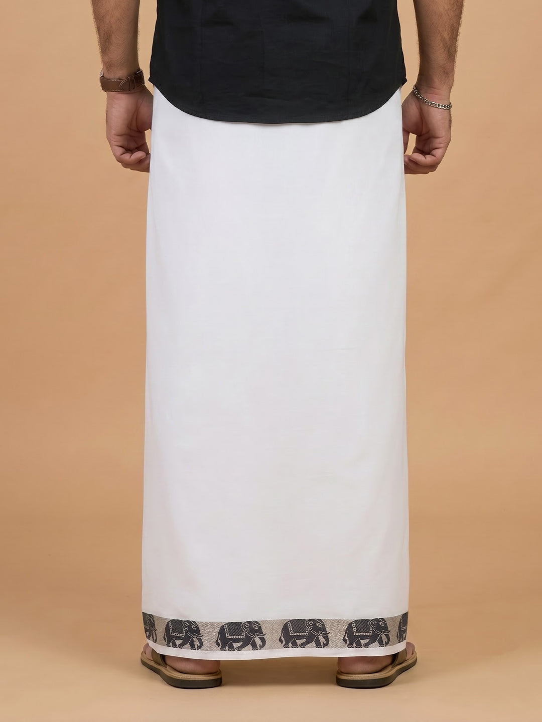 Double Layer 100% Cotton White Dhoti with Colour Jari Border - LC46
