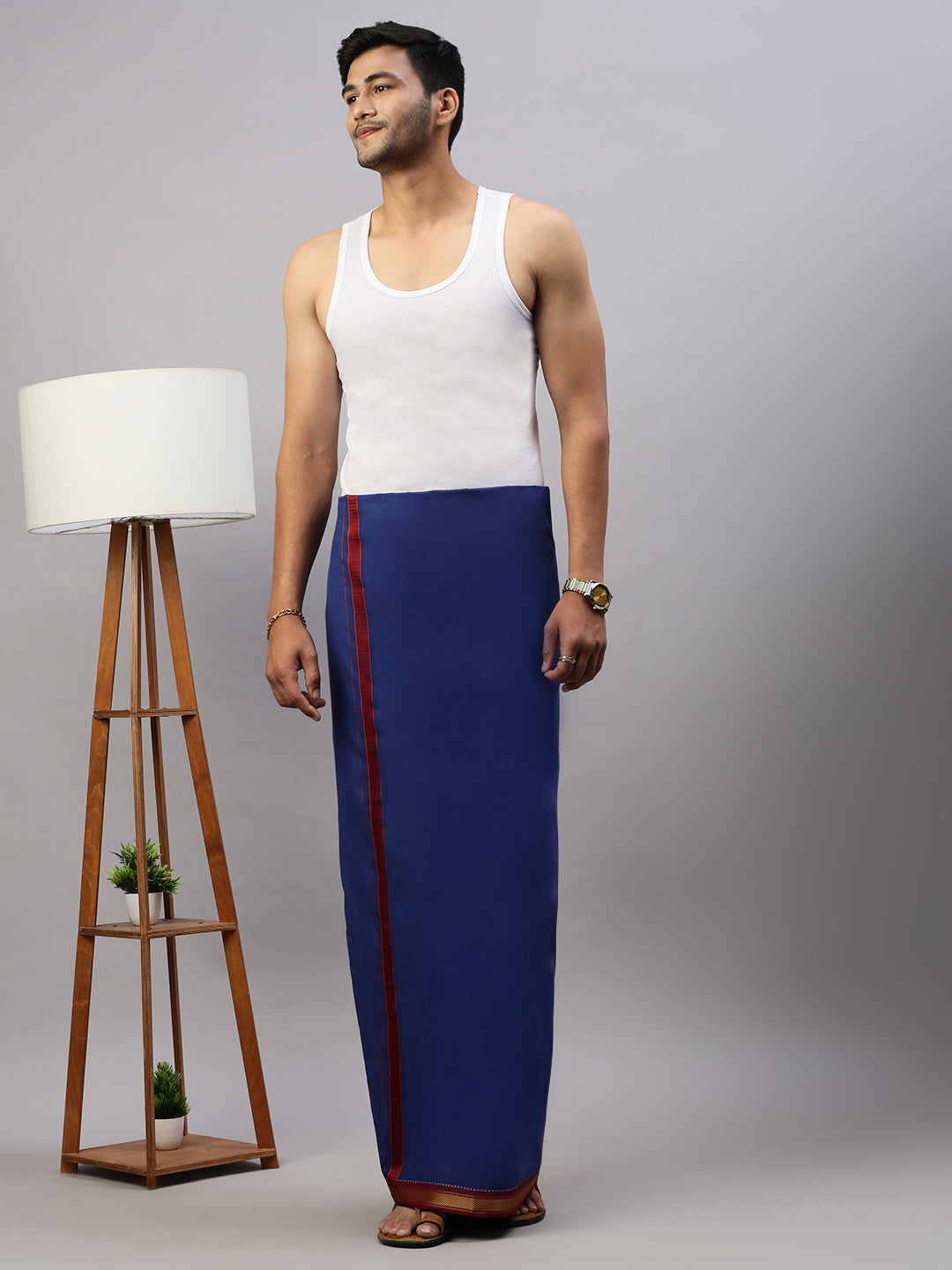 Men 100% Cotton Single Layer Blue Dhoti with Mayilkhan Border Brindhavan