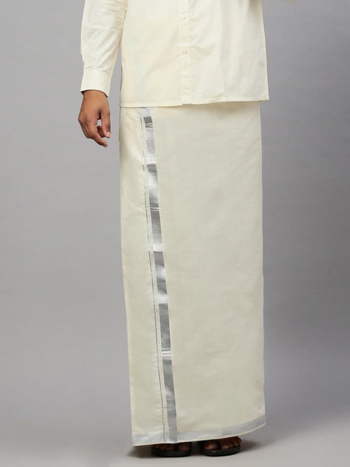 Men Cotton Blend Double Layer Cream Dhoti with 1" Silver Jari Border