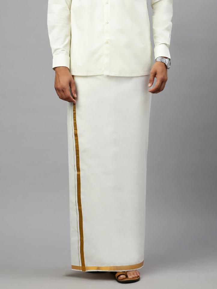Men 100% Cotton Double Layer Cream Dhoti with 3/4" Gold Jari Border Vetha