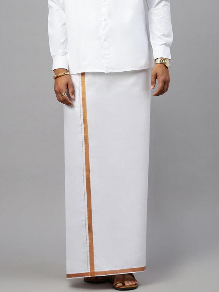 Men Cotton Blend Double Layer White Dhoti with 3/4" Copper Jari Border Mobility
