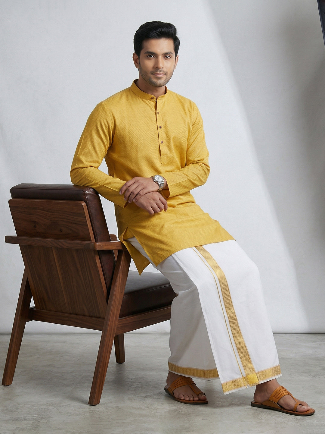 Men Mustard Yellow Medium Length Kurta with Matching Border Dhoti Set MHJ2