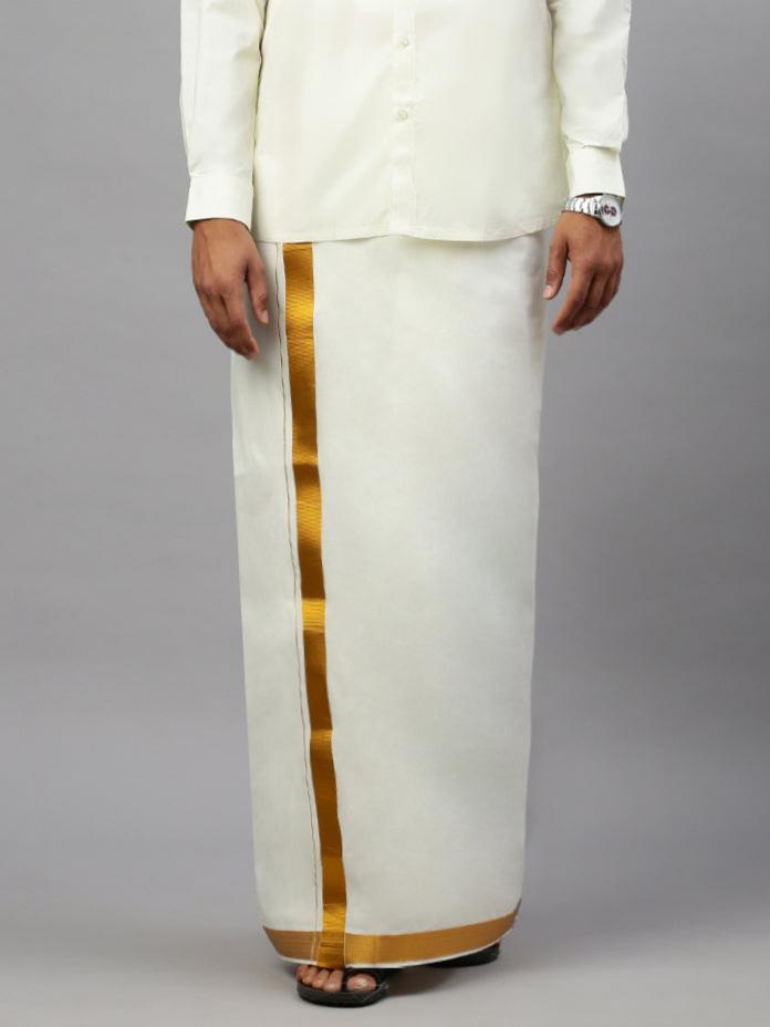 Men 100% Cotton Double Layer Cream Dhoti with 2" Jari Border Gold Fine Plain