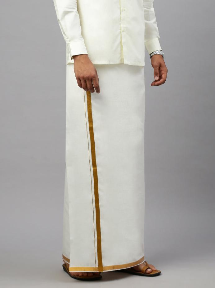 Men Cotton Blend Single Layer Cream Dhoti with Gold Jari Border Silver Sun