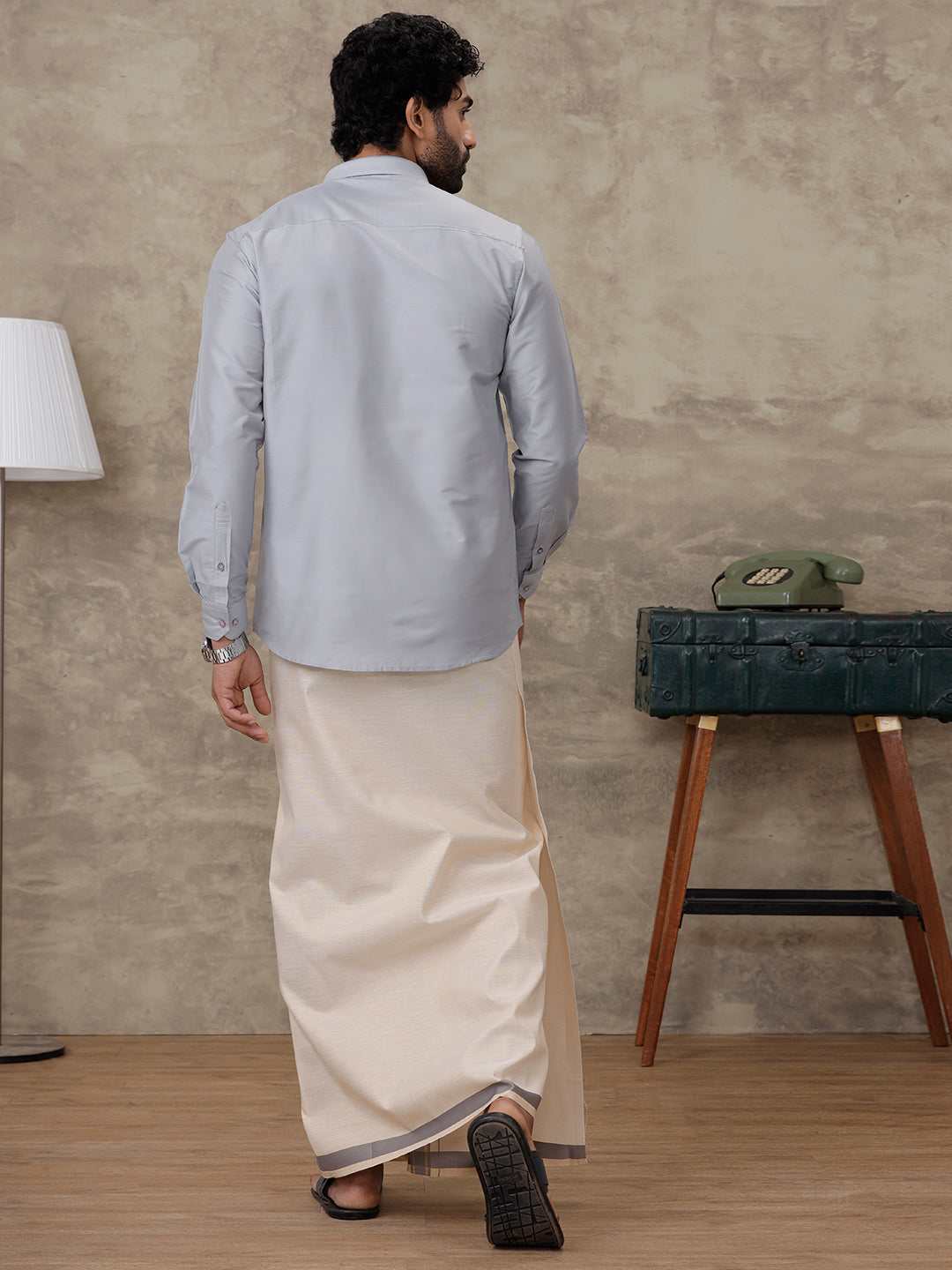 Men Grey Cotton Rich Shirt and Tissue Dhoti Set SMC8