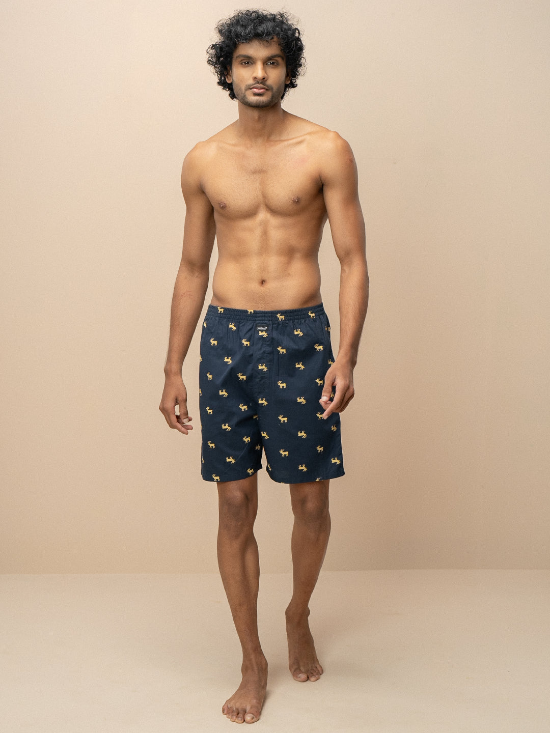 Men 100% Combed Cotton Navy Blue Woven Printed Boxer Long Shorts WB52