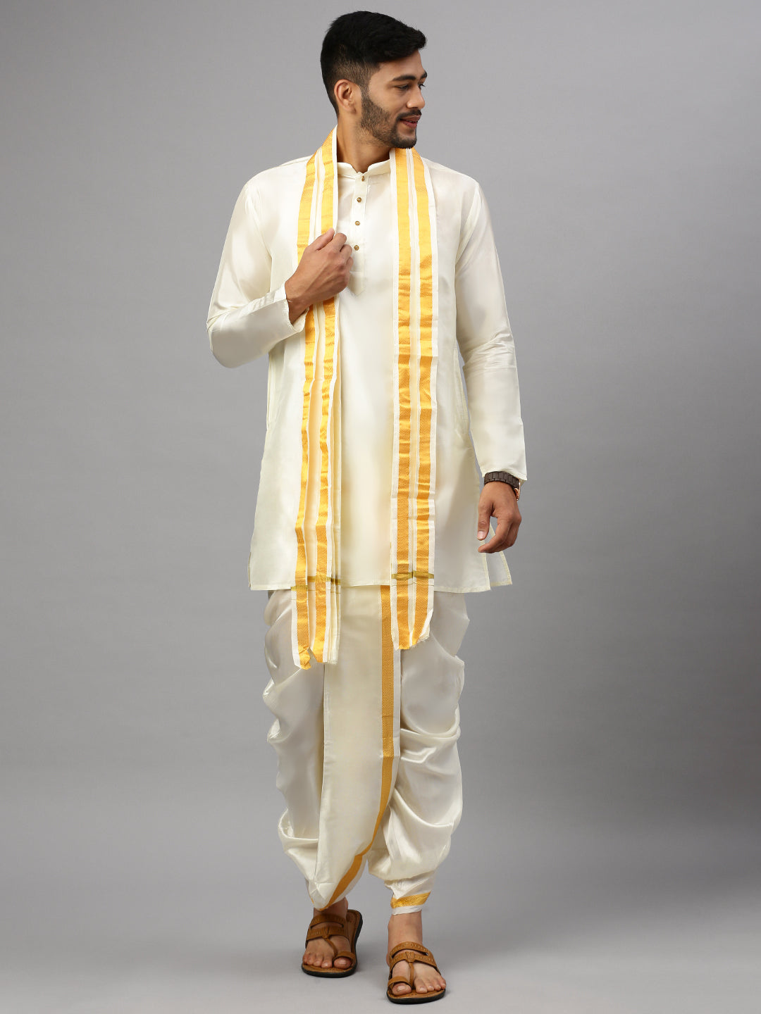 Mens Pure Silk Kurta with Readymade Elastic Panchakacham & Towel Set 1" inch Jari Border