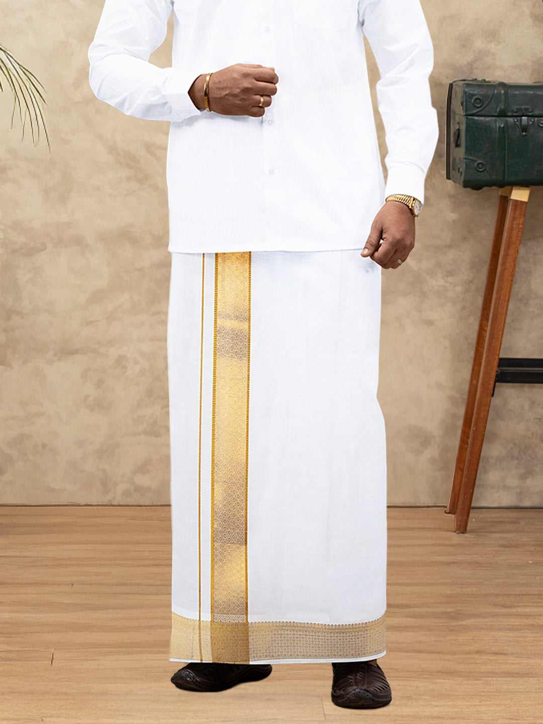 Men 100% Cotton Single Layer White Dhoti with Gold Jari Border Aura 367