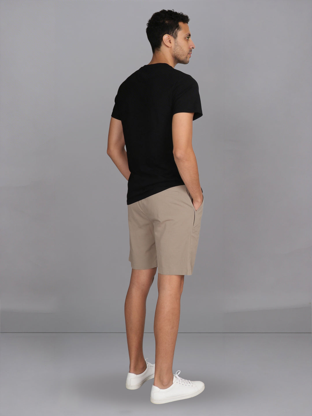 Men Black Crew neck T-Shirt with Beige Shorts Combo ES6