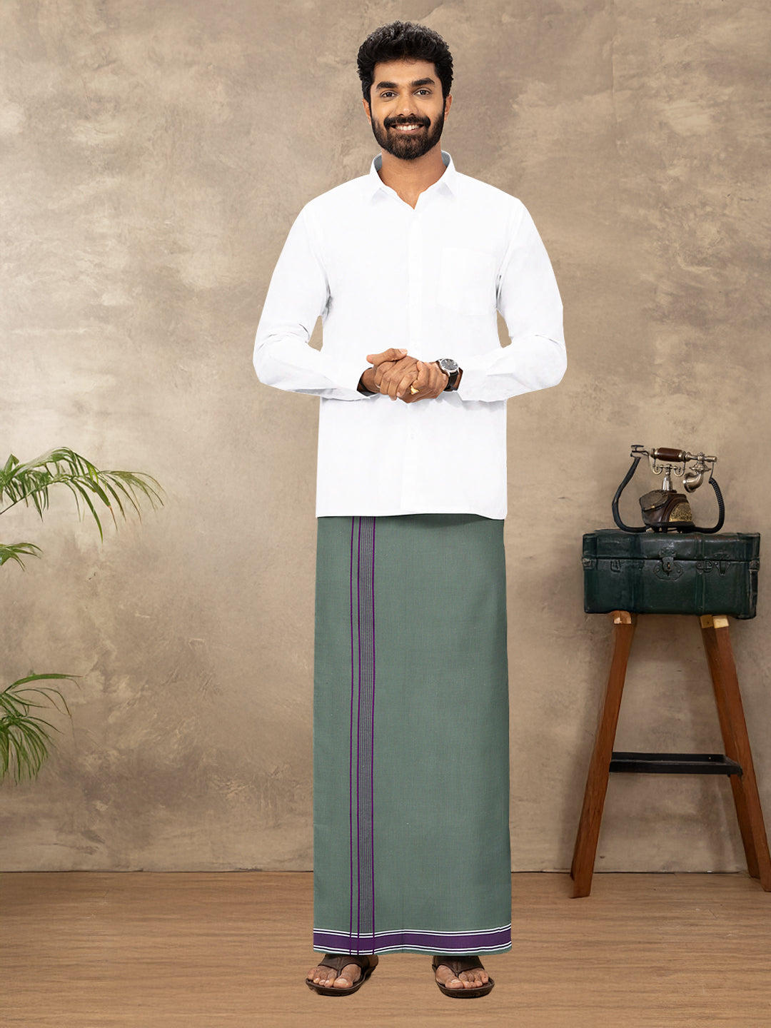 Men Cotton Blend Single Layer Green Dhoti with Fancy Border Charming Line 5